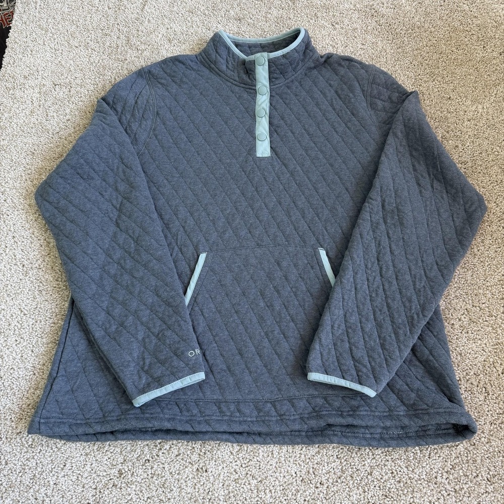 Orvis Sweatshirt Womens XL Gray Quilted Snap Henley Pullover Pockets Knit